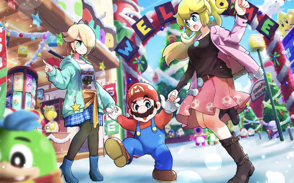 4K Ultra HD PC desktop wallpaper showing Rosalina, Princess Peach, and Mario from Super Mario Bros. in winter outfits, celebrating in a colorful snowy festival town — video game artwork.