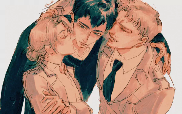 HD anime desktop wallpaper featuring Reiner Braun, Bertolt Hoover, and Annie Leonhart from Attack on Titan in a close, warm embrace.