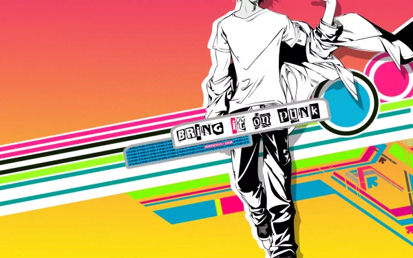 Anime Air Gear HD PC desktop wallpaper: monochrome rider walking with jacket over shoulder against a vibrant orange-yellow, retro-striped background.