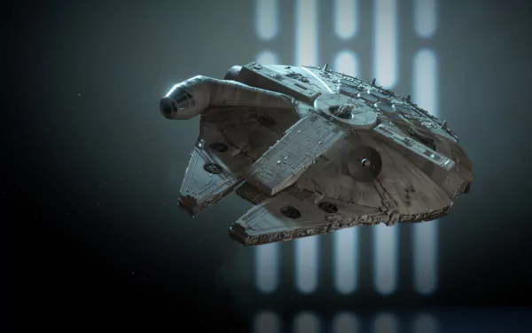 HD PC desktop wallpaper of the Millennium Falcon from the video game Star Wars Battlefront II (2017), drifting against a backlit corridor.