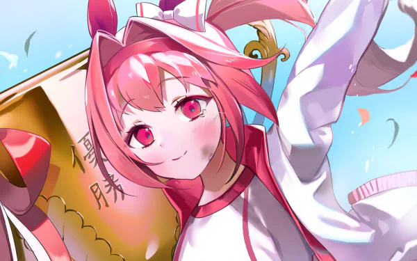Haru Urara from Uma Musume: Pretty Derby — anime HD PC desktop wallpaper background of a smiling pink-haired girl in a racing outfit holding a trophy against a bright blue sky.