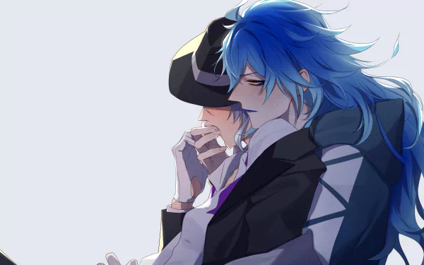 HD PC desktop wallpaper of Idia Shroud and Azul Ashengrotto from the video game Twisted Wonderland — a close, intimate portrait with flowing blue hair and dark clothing on a pale background.