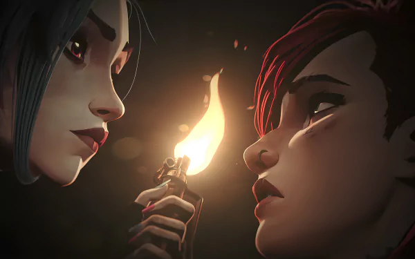 Close-up 4K Ultra HD wallpaper of Vi and Jinx from the TV show Arcane, featuring intense expressions and dramatic lighting with a lighter flame between them.