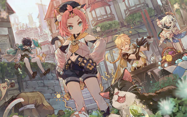 4K Ultra HD PC desktop wallpaper of Genshin Impact (video game) characters Venti, Paimon, Aether and Diona posing in a sunlit city square.