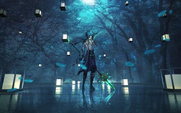HD desktop wallpaper featuring Xiao from the video game Genshin Impact, shown in a mystical, moonlit forest with floating lanterns.
