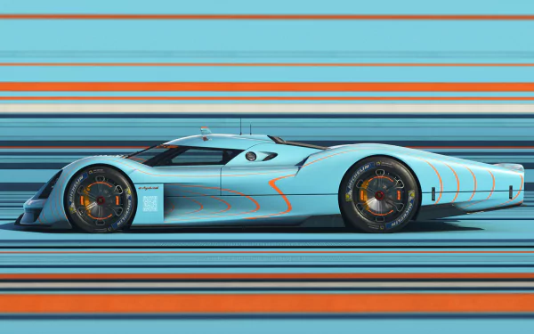 A sleek Porsche Vision 908 in a striking blue color, set against vibrant striped backgrounds, makes for a stunning HD desktop wallpaper and background.