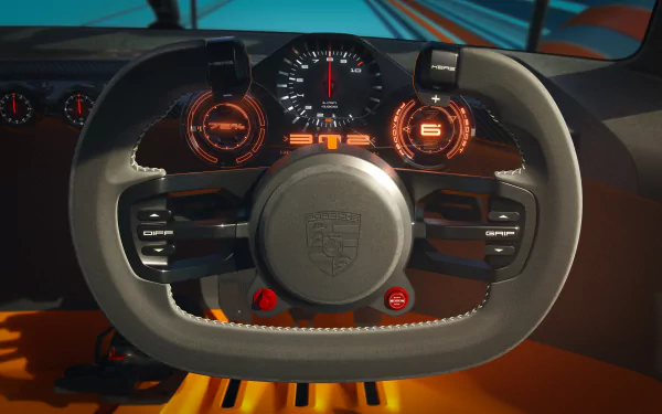 A close-up view of the steering wheel and dashboard of the Porsche Vision 908, showcasing its sleek design and modern instrumentation. Vibrant colors enhance this HD desktop wallpaper.