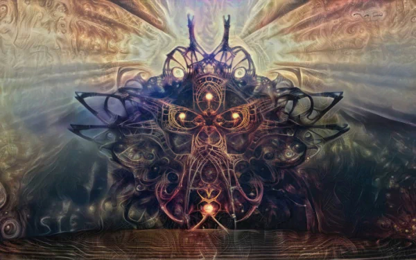 Abstract fractal design with intricate, glowing patterns in warm hues, rendered in 4K Ultra HD, creating a complex and captivating PC desktop wallpaper background.