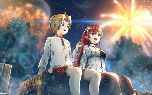 Rudeus Greyrat and Eris Boreas Greyrat sit on a ledge beneath fireworks and a starry sky — anime 4K Ultra HD PC desktop wallpaper from Mushoku Tensei: Jobless Reincarnation.