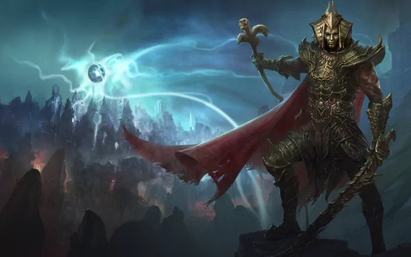 Divinity: Original Sin II HD wallpaper featuring an armored knight with a red cape standing against a mystical backdrop with swirling energy and a moon.