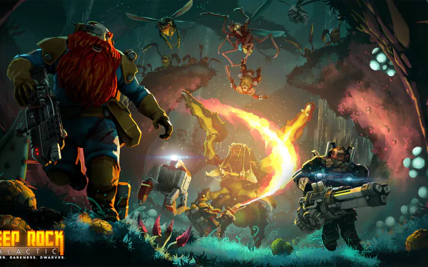 HD desktop wallpaper of Deep Rock Galactic game featuring a fierce battle with dwarven miners and alien creatures.