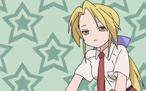 HD anime desktop wallpaper featuring Nanako Kuroi from Lucky Star against a background of layered star patterns in muted green tones.