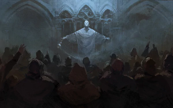 A dramatic scene from Crusader Kings III shows a cloaked figure addressing a captivated audience in a dimly lit, gothic setting, creating an intense atmosphere for a HD desktop wallpaper.