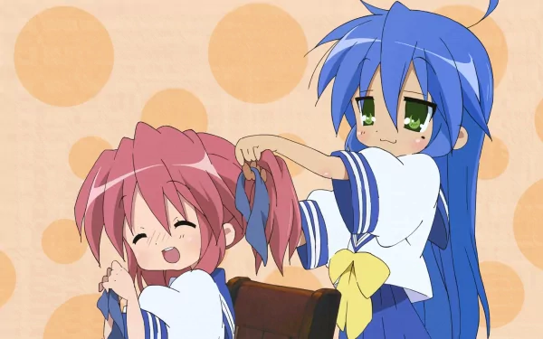 HD anime wallpaper featuring Yutaka Kobayakawa playfully tying Konata Izumi's blue hair, both characters from Lucky Star, against a soft polka-dot background.
