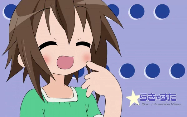HD PC wallpaper of Misao Kusakabe from Lucky Star, smiling with closed eyes and hand to her face on a purple background with blue dots and the show's logo.