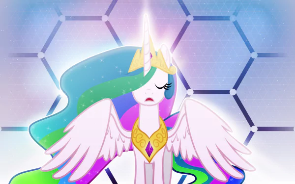 4K Ultra HD desktop wallpaper of Princess Celestia from My Little Pony: Friendship Is Magic TV show, glowing with magical light against a hexagonal patterned background.