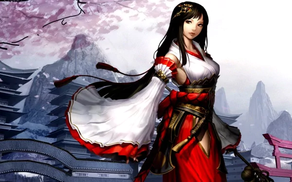 HD desktop wallpaper featuring a character from the MMORPG Atlantica Online, set against a scenic backdrop of mountains and Japanese architecture, with cherry blossoms beautifully accentuating the image.