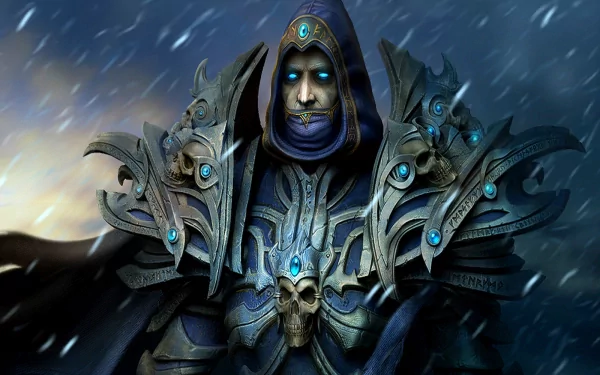 HD desktop wallpaper of a character from World of Warcraft, featuring a hooded figure in detailed, ornate armor with glowing blue eyes, adorned with skulls and intricate designs, set against a snowy background.