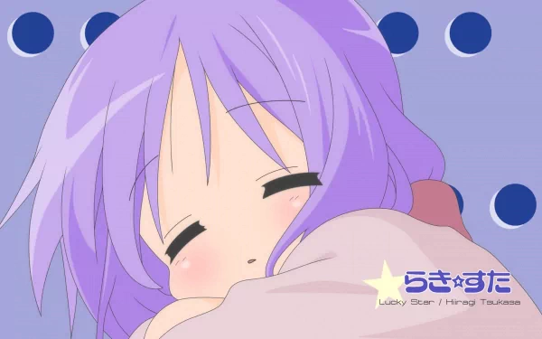 HD PC desktop wallpaper featuring Tsukasa Hiiragi from the anime Lucky Star, showing her with closed eyes and a peaceful expression against a blue polka dot background.
