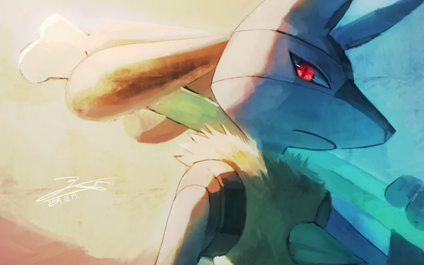 Anime Lucario (Pokémon) 2K Quad HD desktop wallpaper: close-up of Lucario with a red eye, warm left and cool blue right color split, soft painterly background.