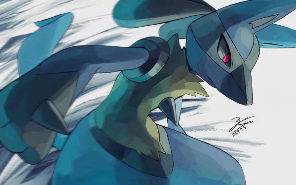 HD anime-style wallpaper featuring Lucario, the iconic Pokémon, in dynamic motion with vibrant colors and sharp details on a PC desktop background.