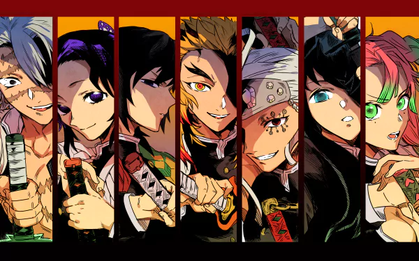 4K Ultra HD Demon Slayer: Kimetsu no Yaiba wallpaper featuring Sanemi Shinazugawa, Muichiro Tokito, Mitsuri Kanroji, Gyomei Himejima, Obanai Iguro, Giyuu Tomioka, Kyojuro Rengoku, Shinobu Kochou, and Tengen Uzui.