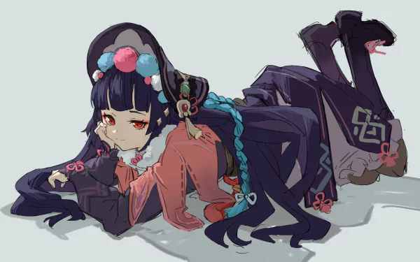 Yun Jin from Genshin Impact reclining on her stomach, wearing an ornate opera-style outfit with teal braided hair and red eyes — 2K Quad HD PC desktop wallpaper/background.
