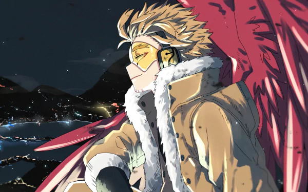 4K Ultra HD anime wallpaper featuring Hawks (Keigo Takami) from My Hero Academia, showcasing detailed red wings and his signature goggles against a night cityscape.