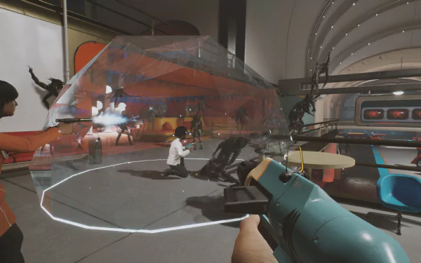 HD desktop wallpaper featuring a gameplay moment from The Anacrusis with characters battling aliens inside a sci-fi spaceship interior.