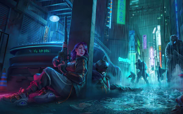 Futuristic cyberpunk alley scene featuring a woman warrior crouched against a wall, illuminated by neon lights in a detailed 4K Ultra HD sci-fi cityscape background.