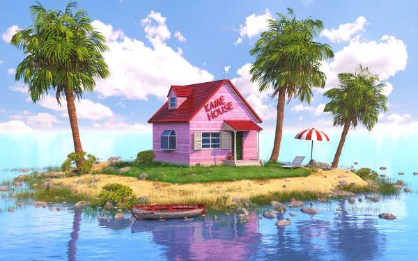 HD PC desktop wallpaper featuring Kame House from the Dragon Ball anime, set on a small tropical island with palm trees and a bright blue sky.