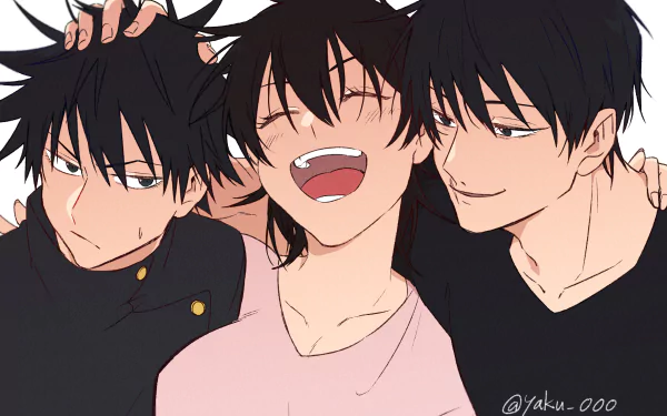 4K Ultra HD anime wallpaper featuring Toji Fushiguro and Megumi Fushiguro from Jujutsu Kaisen, showcasing the characters in a close, joyful moment.