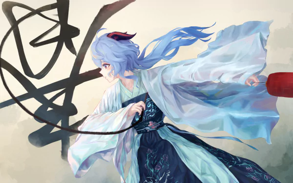 Ganyu from Genshin Impact in flowing attire with dynamic brushstroke background, presented as a vibrant 4K Ultra HD PC desktop wallpaper and background.