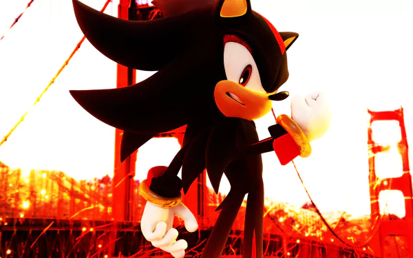 Shadow the Hedgehog from the video game Sonic Forces: Speed Battle poses against a fiery Golden Gate–style bridge scene — HD PC desktop wallpaper/background.
