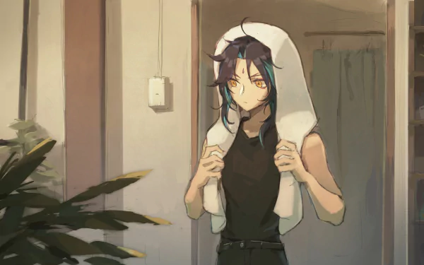 Xiao from Genshin Impact stands indoors with a towel over his head in this 4K Ultra HD PC desktop wallpaper background.