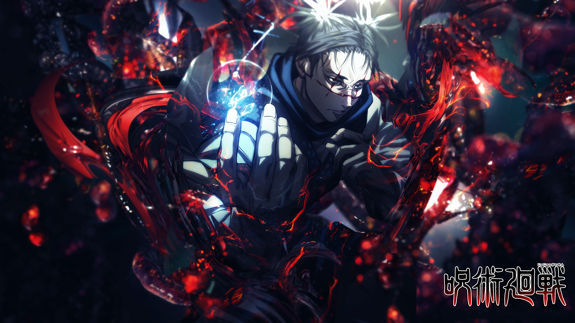 HD anime PC wallpaper featuring Choso from Jujutsu Kaisen surrounded by dark, fiery red and black energy effects.