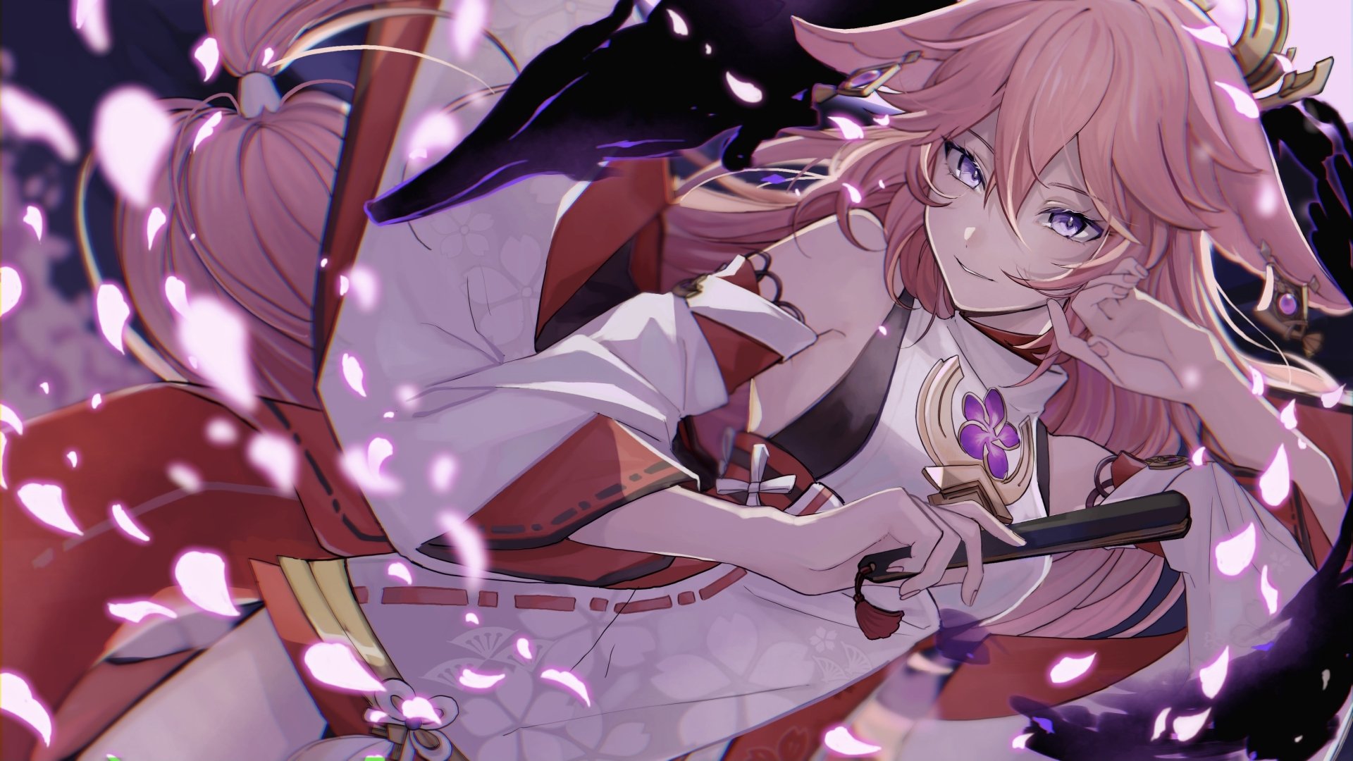 HD PC desktop wallpaper of Yae Miko Guuji from Genshin Impact, featuring her surrounded by falling cherry blossom petals in a detailed, vibrant video game art style.