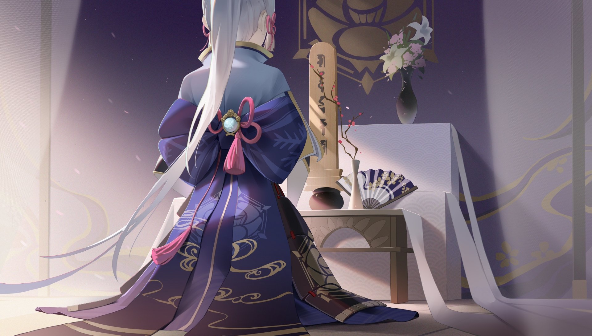 Kamisato Ayaka from Genshin Impact kneels gracefully in a serene room, showcased in an 8K Ultra HD video game wallpaper for PC desktop background.