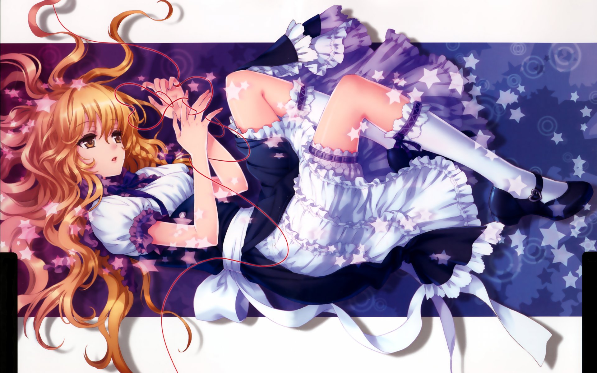 HD anime desktop wallpaper featuring Marisa Kirisame from Touhou, dressed in a detailed maid outfit with flowing golden hair against a starry purple background.