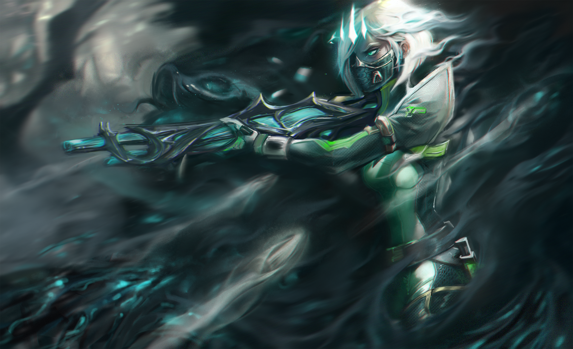 Viper (Valorant) in dynamic pose amid swirling green toxic mist, stylized HD PC desktop wallpaper/background featuring the video game agent's masked, armored silhouette.