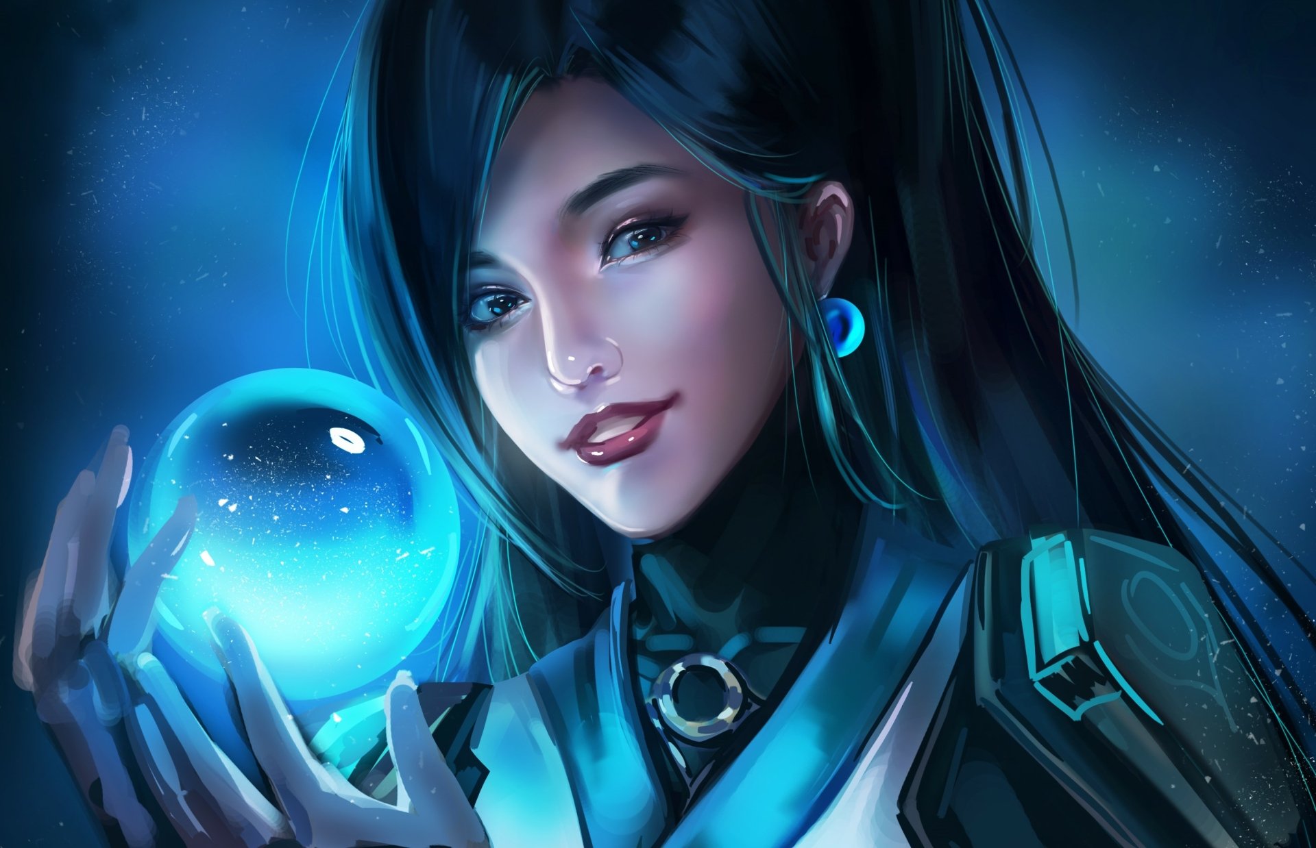 Sage (Valorant) from the video game Valorant, 2K Quad HD PC desktop wallpaper showing her in blue light holding a glowing orb, serene expression.
