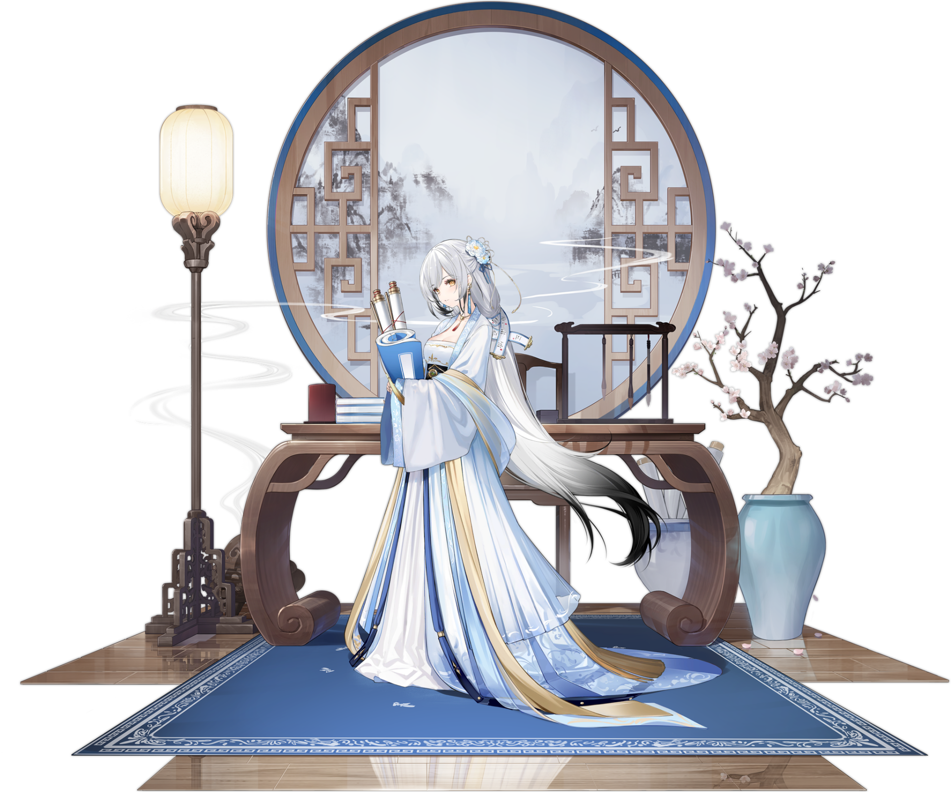 Hai Tien (Azur Lane) in a flowing white-blue kimono, reading beside a moon-shaped window with lantern and bonsai—serene HD PC desktop wallpaper background.