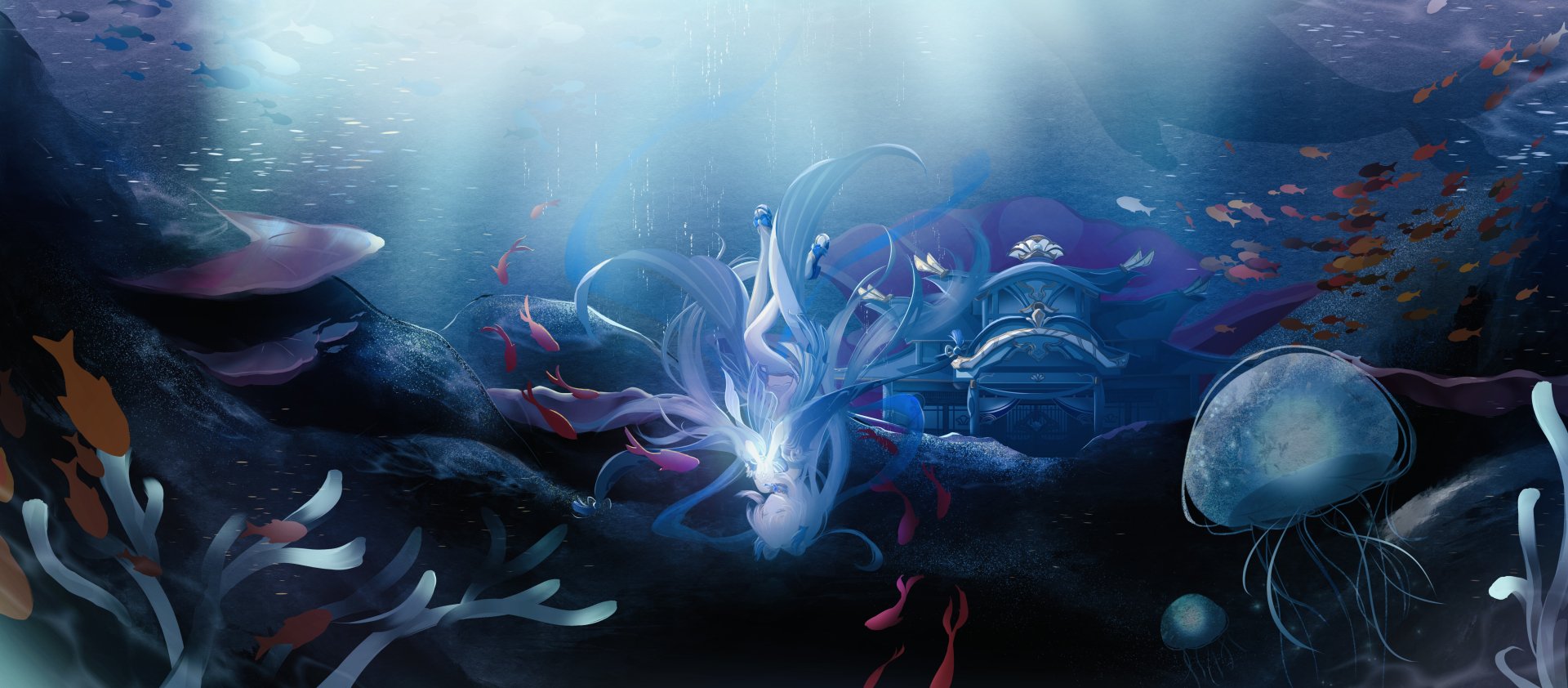 4K Ultra HD PC desktop wallpaper featuring Sangonomiya Kokomi from the video game Genshin Impact, depicted gracefully underwater surrounded by marine life.