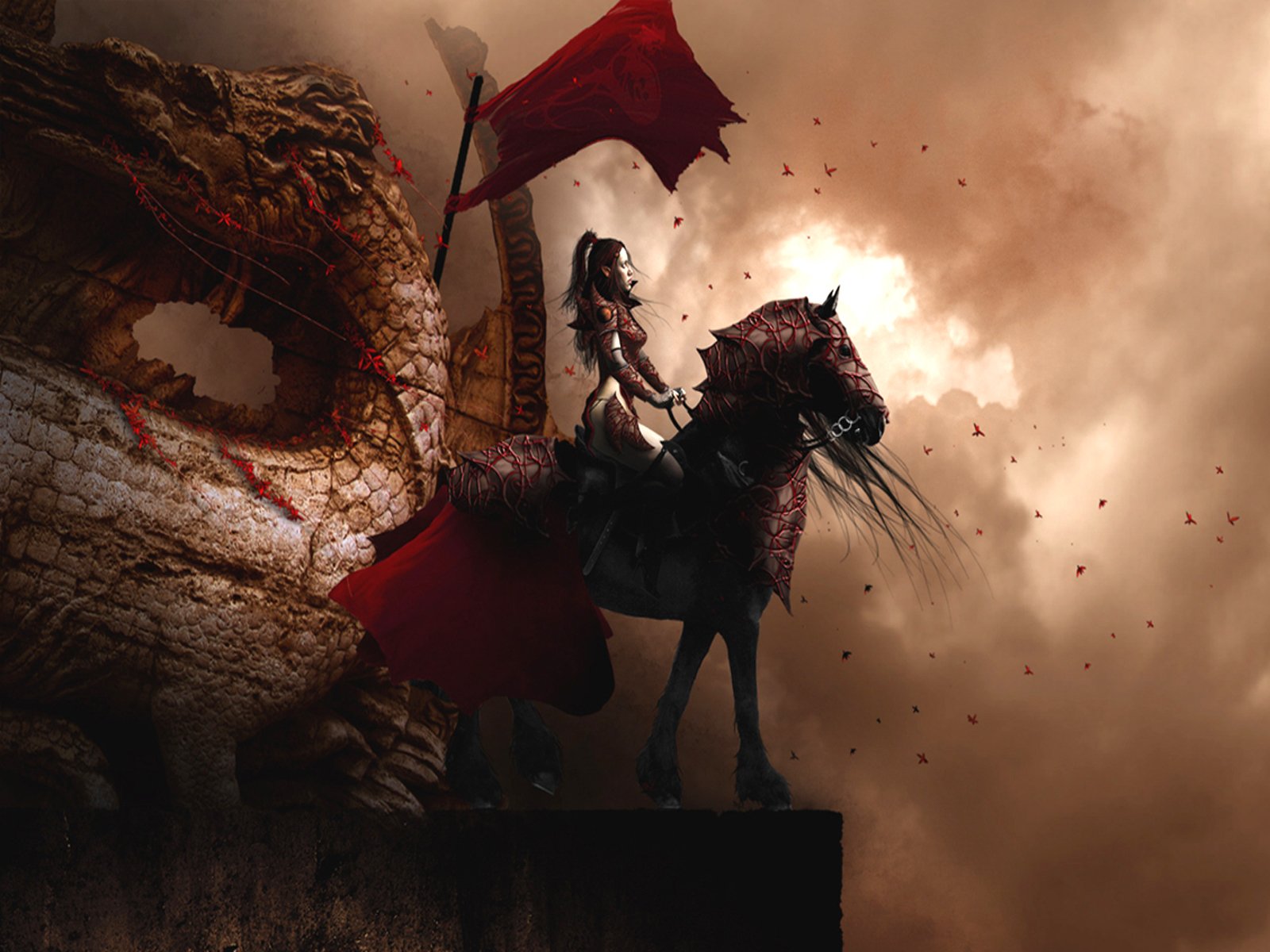 A high-definition fantasy wallpaper depicting a woman on horseback in an epic scene, set against a dramatic sky with a large, stone dragon head in the background.