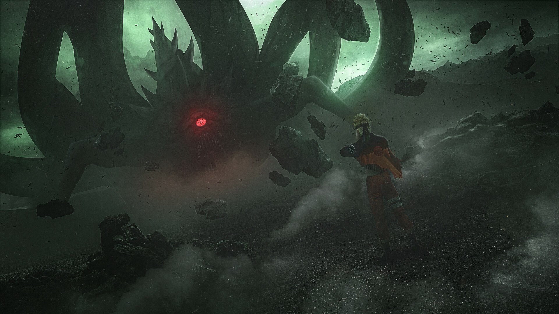 HD anime desktop wallpaper featuring Naruto Uzumaki facing a massive, menacing nine-tailed beast with glowing red eyes in a dark, stormy environment.