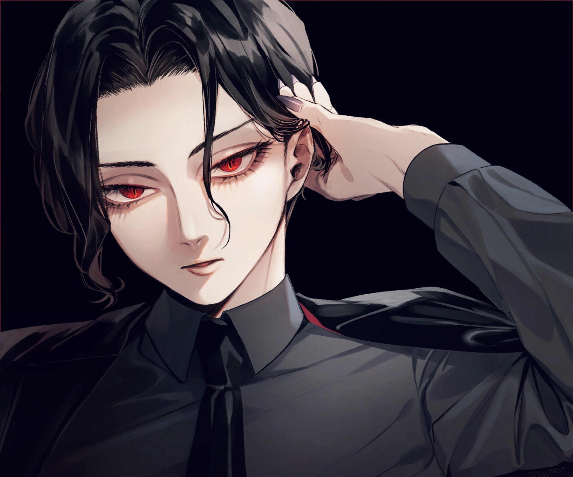 HD anime desktop wallpaper featuring Muzan Kibutsuji from Demon Slayer: Kimetsu no Yaiba with striking red eyes and dark attire against a black background.