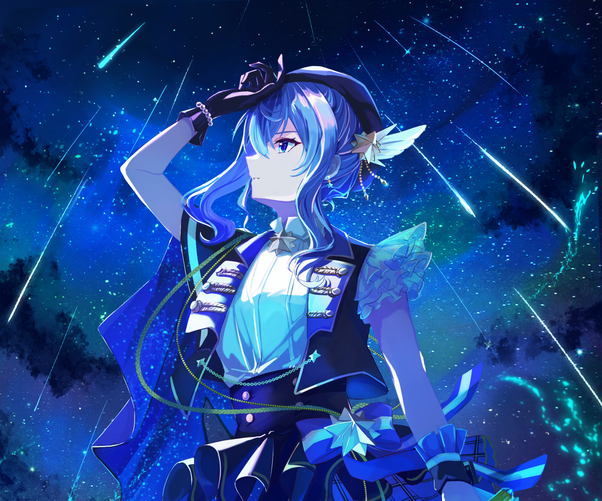 Hoshimachi Suisei from hololive depicted in a vibrant anime-style HD desktop wallpaper with a starry sky and shooting stars background.