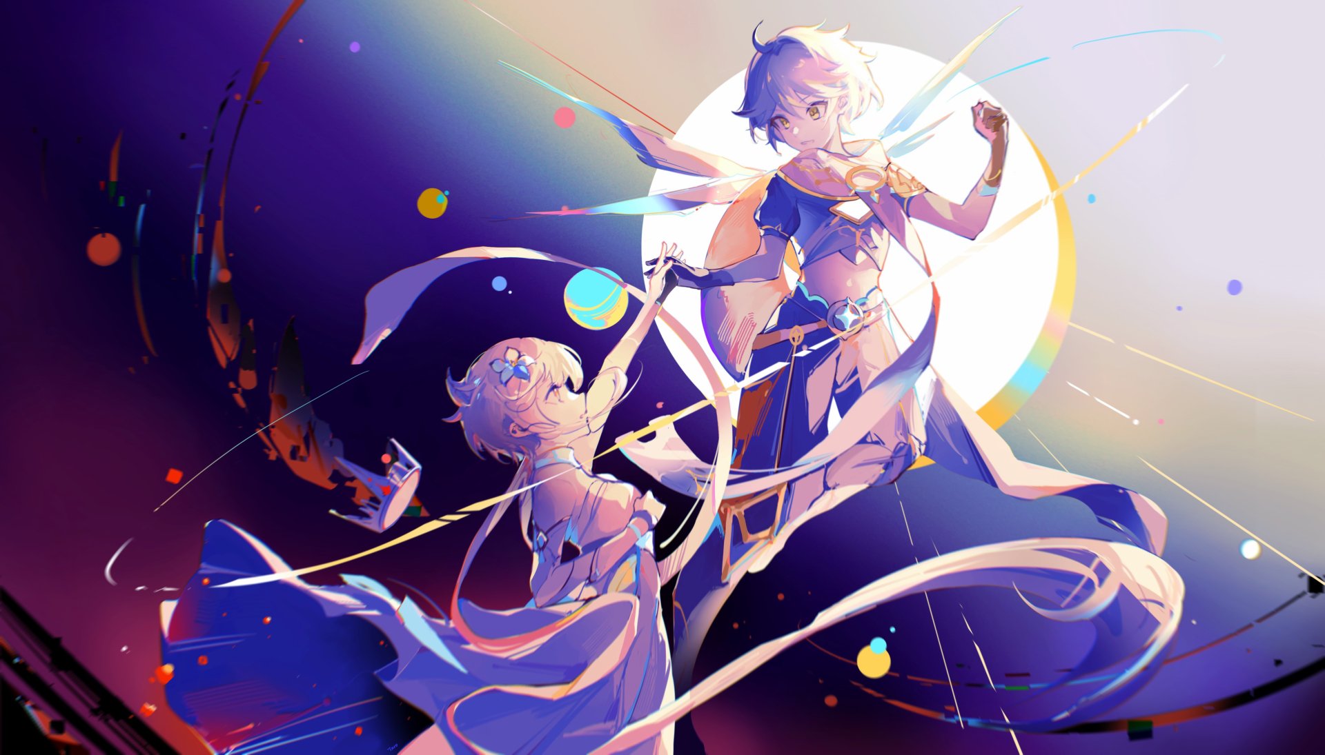Lumine and Aether from Genshin Impact clash amid flowing ribbons and moonlight, vibrant cosmic colors — 4K Ultra HD PC desktop wallpaper and background (video game).