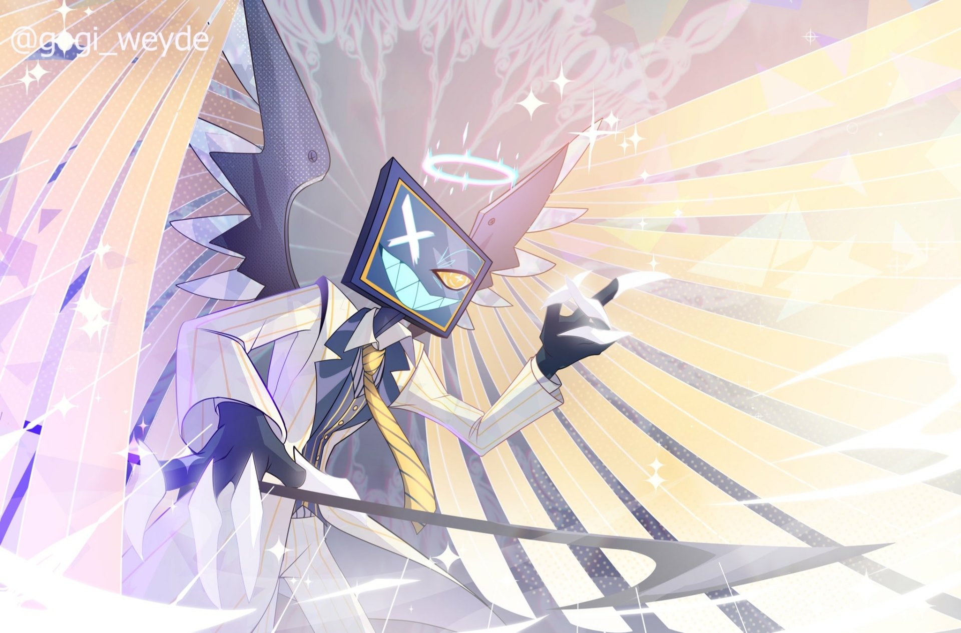 HD PC desktop wallpaper featuring a character from the TV show Hazbin Hotel with angelic wings, a halo, and a TV screen head displaying static.
