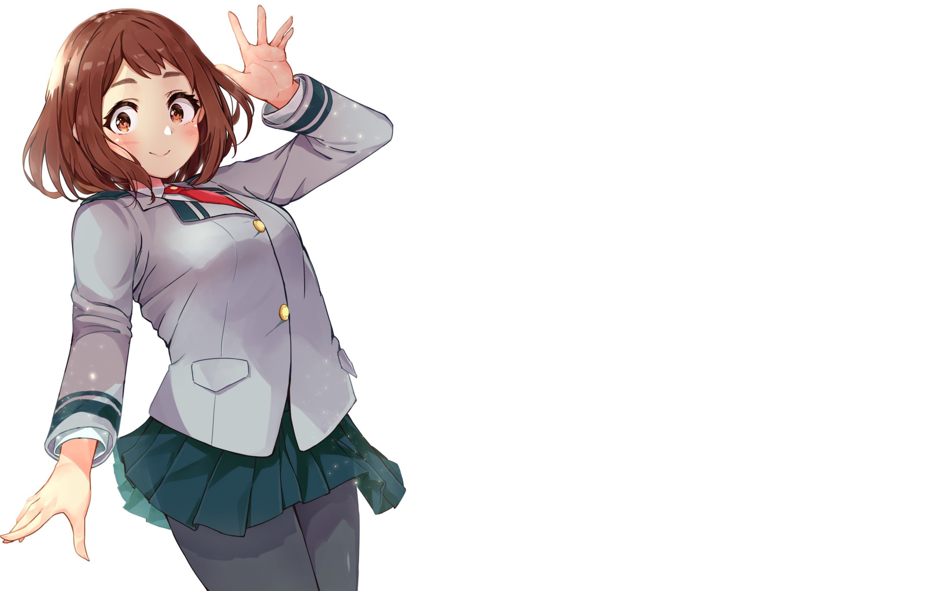 HD PC wallpaper featuring Ochaco Uraraka from My Hero Academia in her school uniform, striking a dynamic pose with a bright, cheerful expression.
